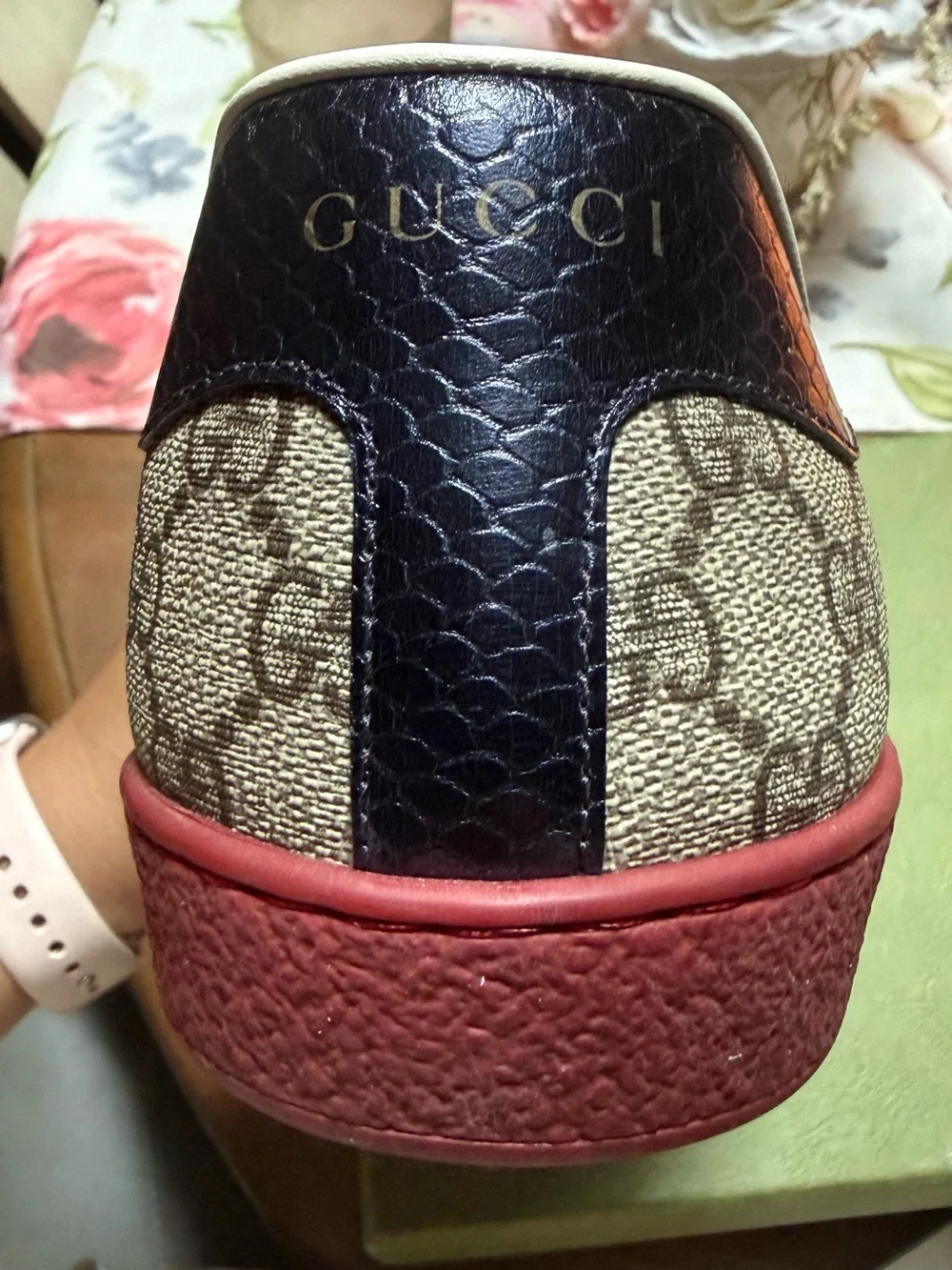Gucci ACE Men’s GG Canvas Sneaker with web in Beige with Red & Blue Stripe